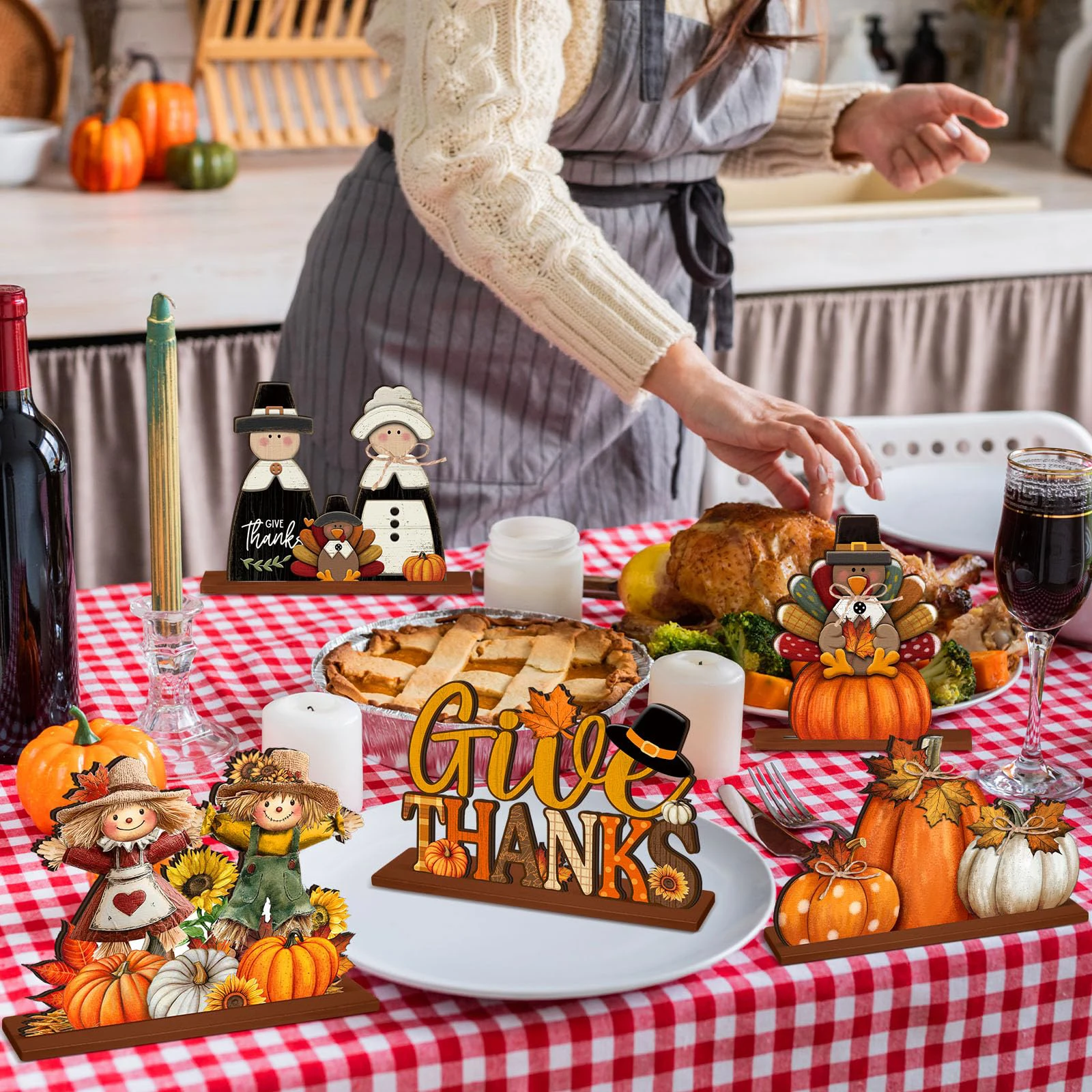 6 قطعة الشكر خشبية منضدية تمثال اليقطين تركيا الفزاعة نمط الخريف الحصاد موضوع الحلي للحفلات المنزلية #2