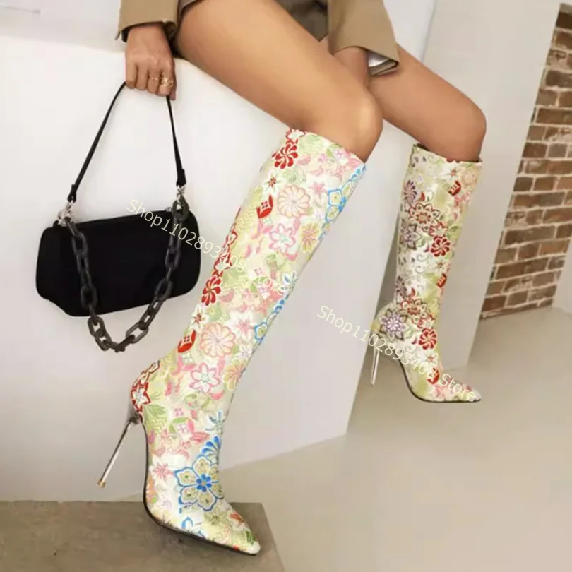 Yellow Pointed Toe Embroider Silk Boots Back Zipper Solid Thin High Heels Women Spring Sexy Shoes Fashion Shoes Zapatillas Mujer