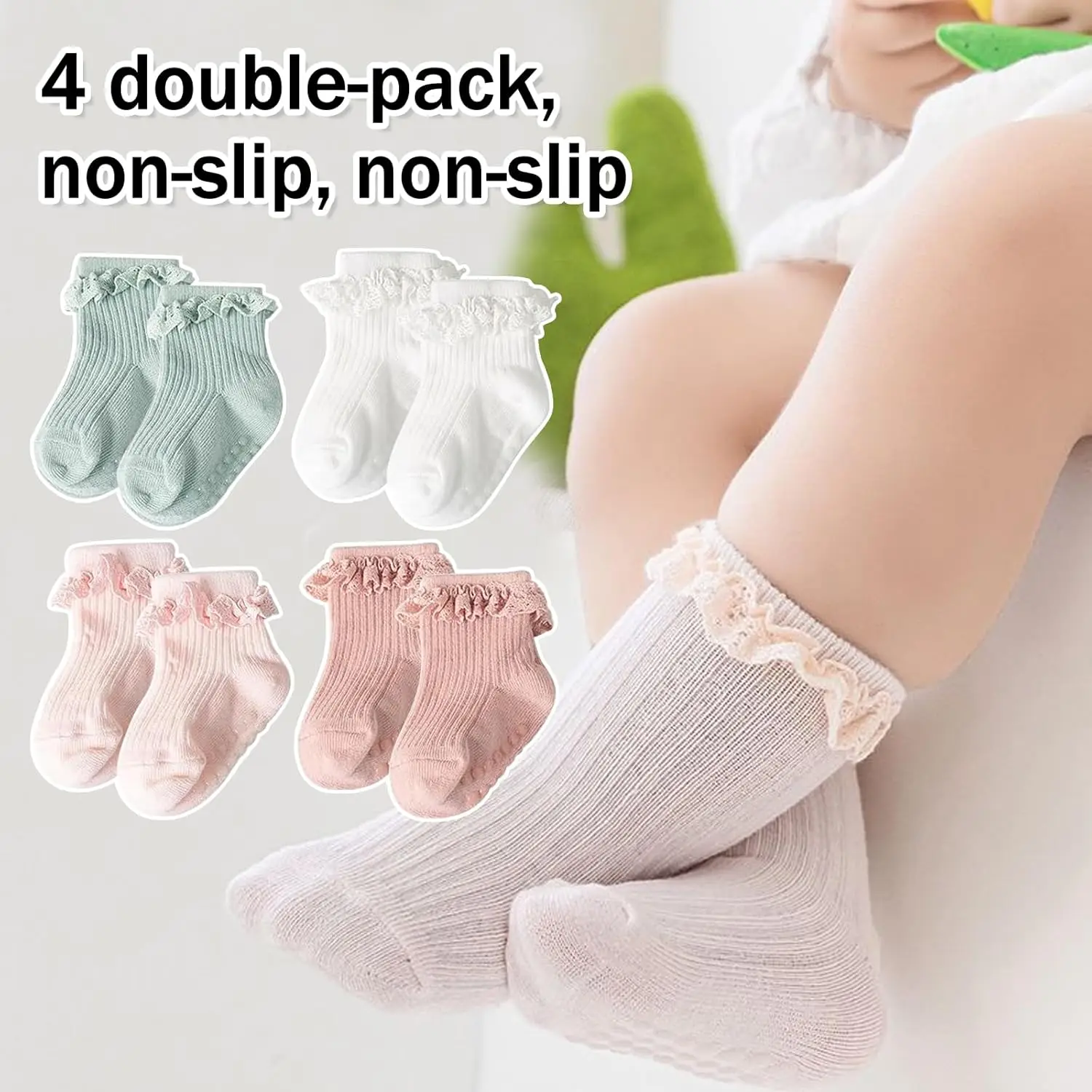 4 Pairs Princess Socks Set,Soft,Non-Slip Lace Ruffled & Plain Colors for Baby Toddlers 0-3 Years,Cute birthday Gift