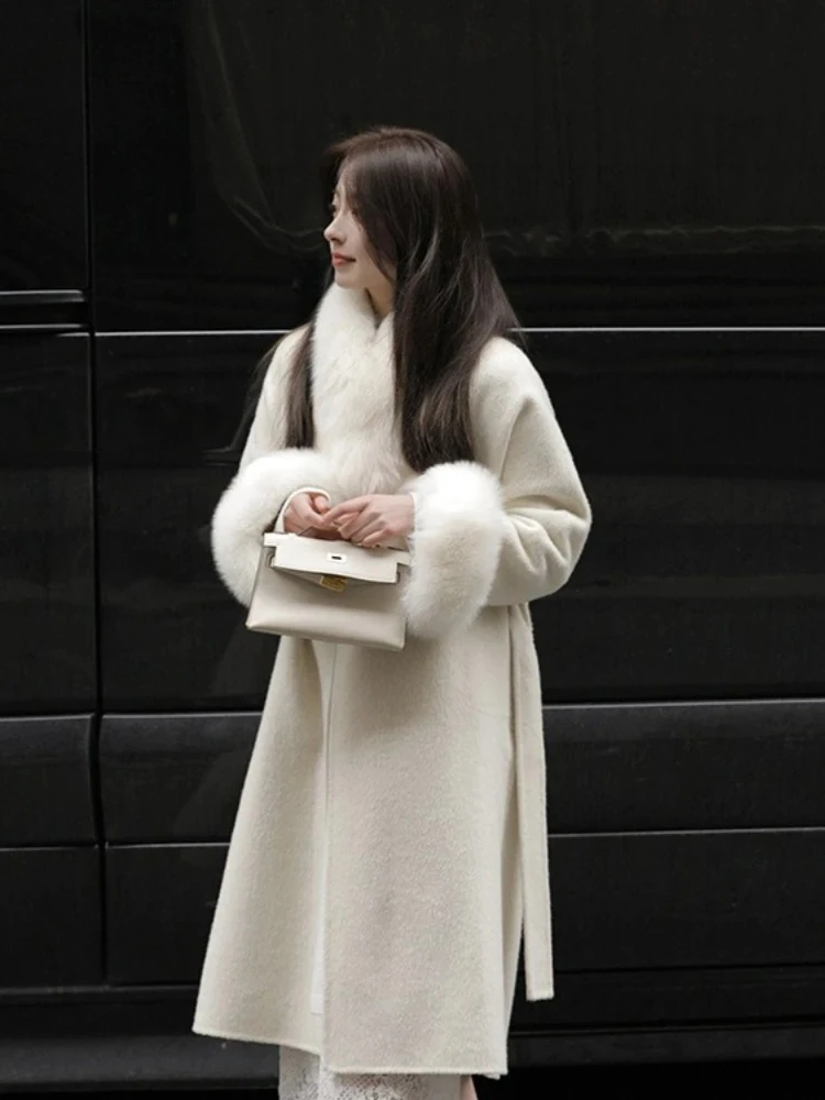 Giacca di lana Nuovo collo in vera pelliccia di volpe Giacca di lana di cashmere double face Donna O-collo lungo Abiti invernali eleganti femminili