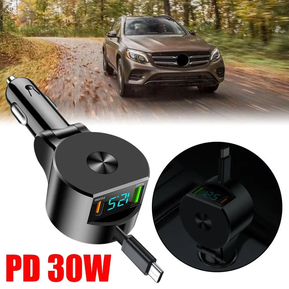 

Digital Display Retractable Cable Car Charger Adapter 3 In 1 PD30W Fast Charging Adjustable Angle Type-c Car Electronics 1pc