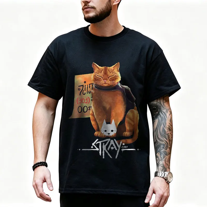 Stray Video Game Cat Graphic T‑Shirt O‑Neck Short Sleeve Unisex Tees Cyberpunk Stray Cat Print Casual Streetwear For Gamer Fans