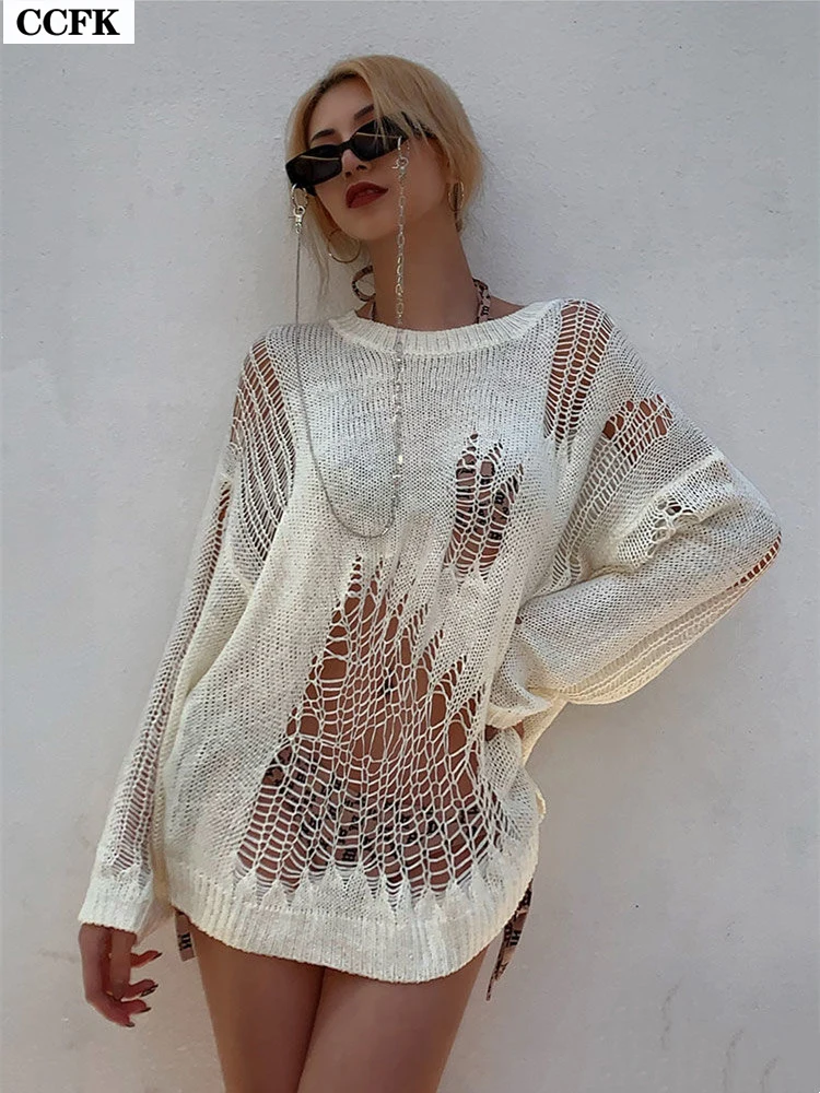 Beach Sexy Hole Sweater Women Loose Knitted Spider Web Hollow Out Thin Knit Grunge Sweater Alt Jumper Bikini Tops Y2k Holiday