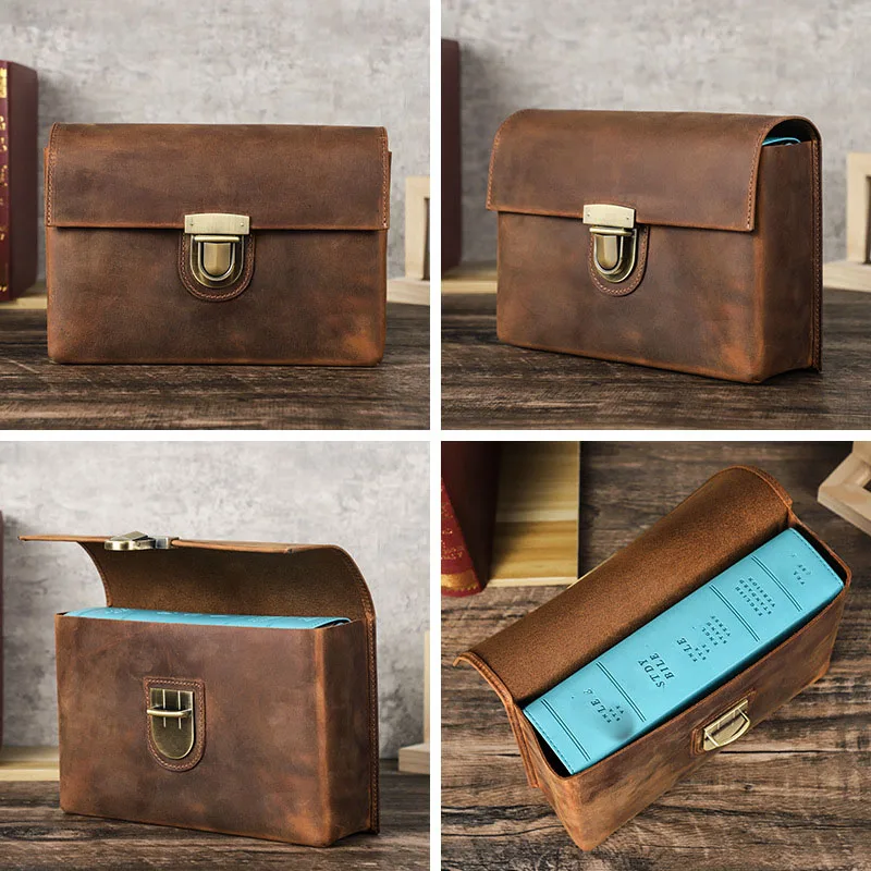 Envelope Style Handmade Book Cover Genuine Leather Rectangular Locking Flip-Top Book Protective Cover with Thickened Cover