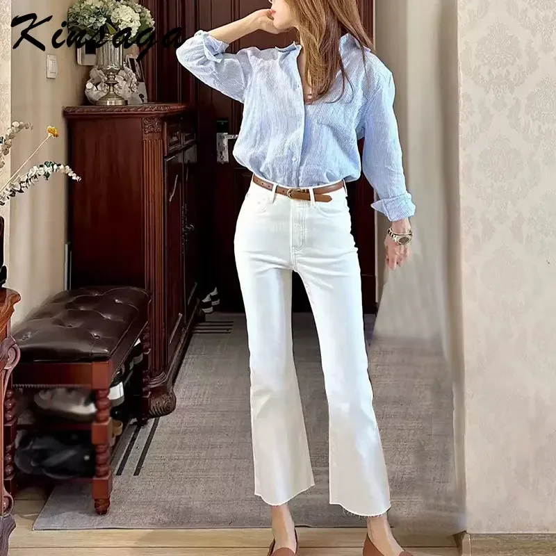 Kinsaga White Micro Flare Capris Jeans Women Petite Girls High Waist Stretchy Cigarette Pants Pear Shape Slimming Pants