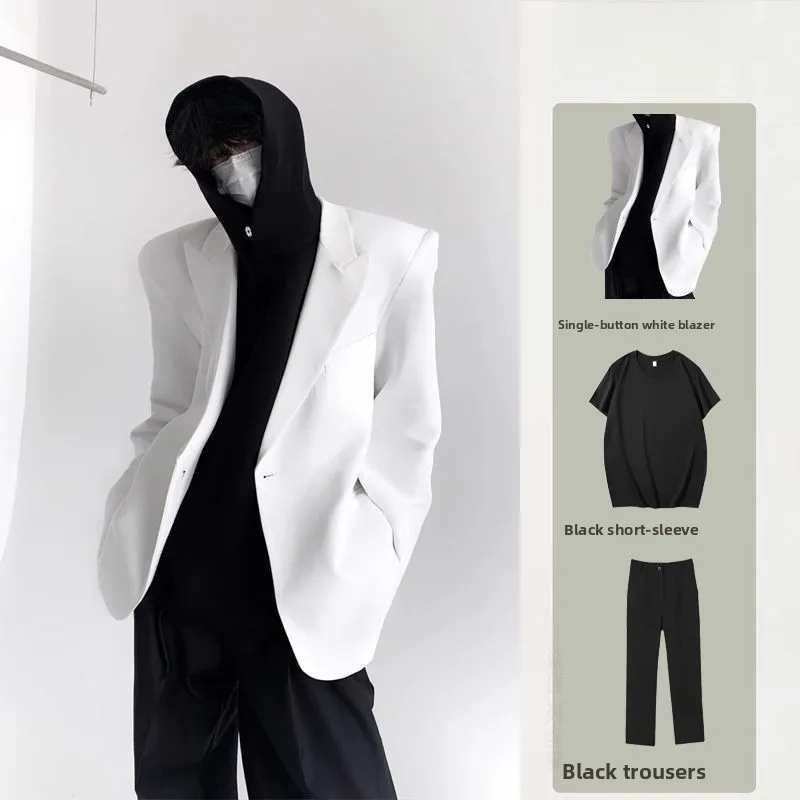 

Elegant Men's Casual Loose Fit Tuxedo Jacket with Shoulder Pads in White Drapey Flat Collar Korean Style Single-breasted