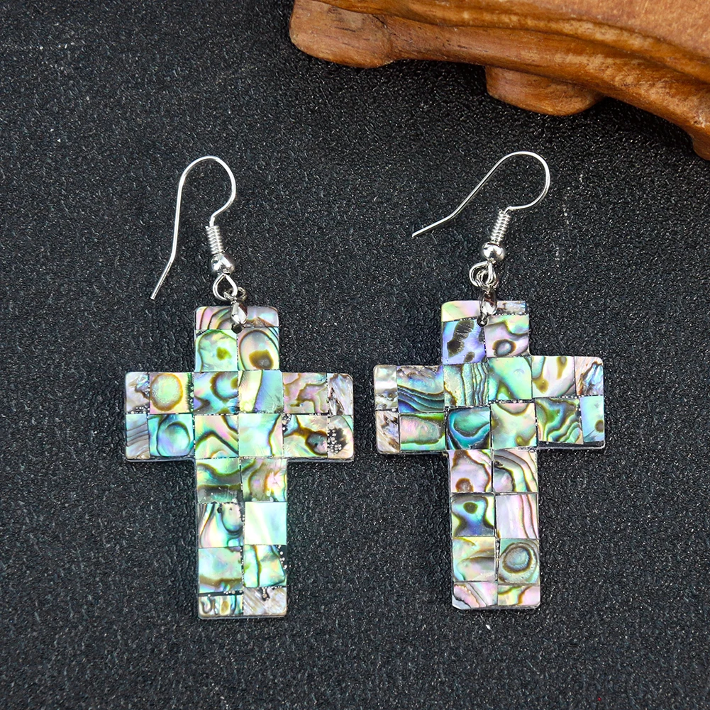 1 Pair Natural Aurora Borealis Abalone Shell Patchwork Cross Dangle Earrings Crafted Christian Women's Manifesto Jewelry Gifts