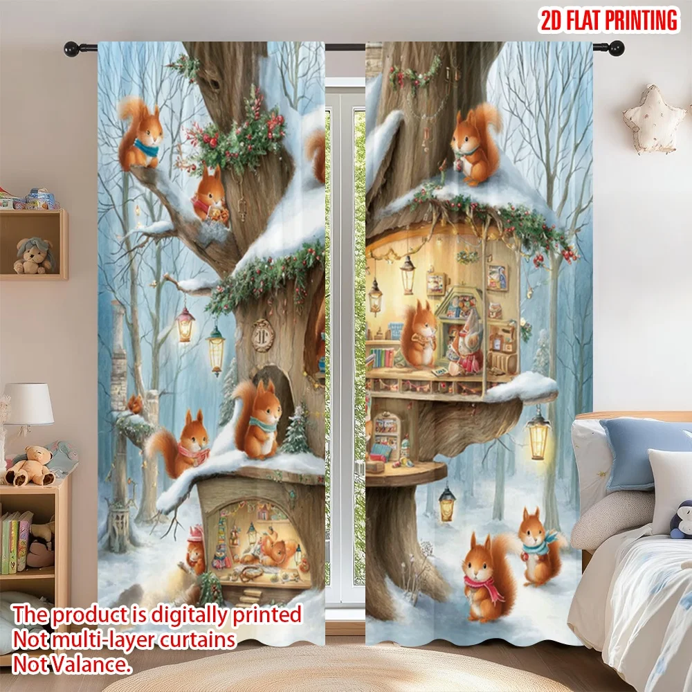 

2D flat printing 2pcs Curtain Curtain Christmas Squirrels' Cozy Treehouse Digital Printed Polyester Drapes Seasonal Party &