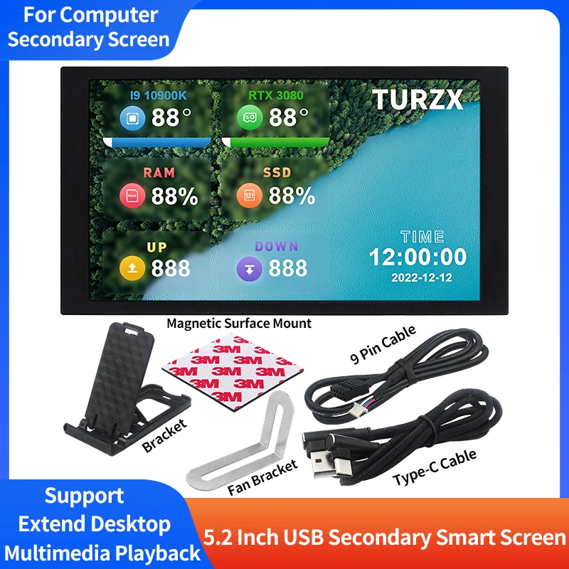 TURZX 5.2 Inch Secondary Screen USB-C Interface CPU GPU RAM Smart Screen 1280x720 Support Extend Desktop For Windows 10 11
