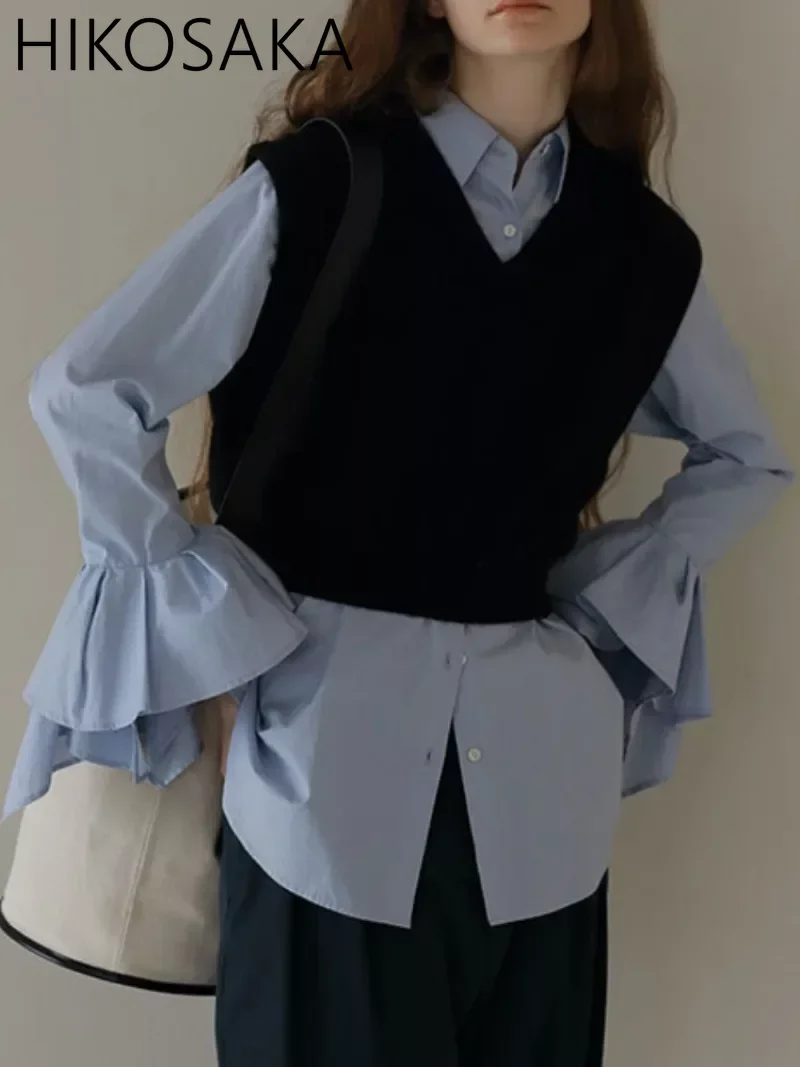 

Шикарный женский топ с оборками и расклешенными рукавами, однобортная Свободная Повседневная Блузка с отложным воротником, однотонные универсальные элегантные блузы