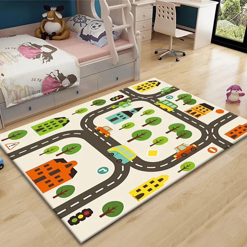 Kids City Road Playmat, 3D Printed Area Rugs, Child Bedroom, Beside Game, Floor Mat, Soft Flannel Play Carpets, Living Room