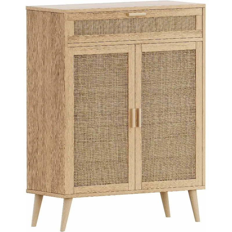 

Accent Floor Storage Cabinet with Rattan Doors, Bathroom Cabinet with Large Drawer, Freestanding Storage Cabinet Organizer