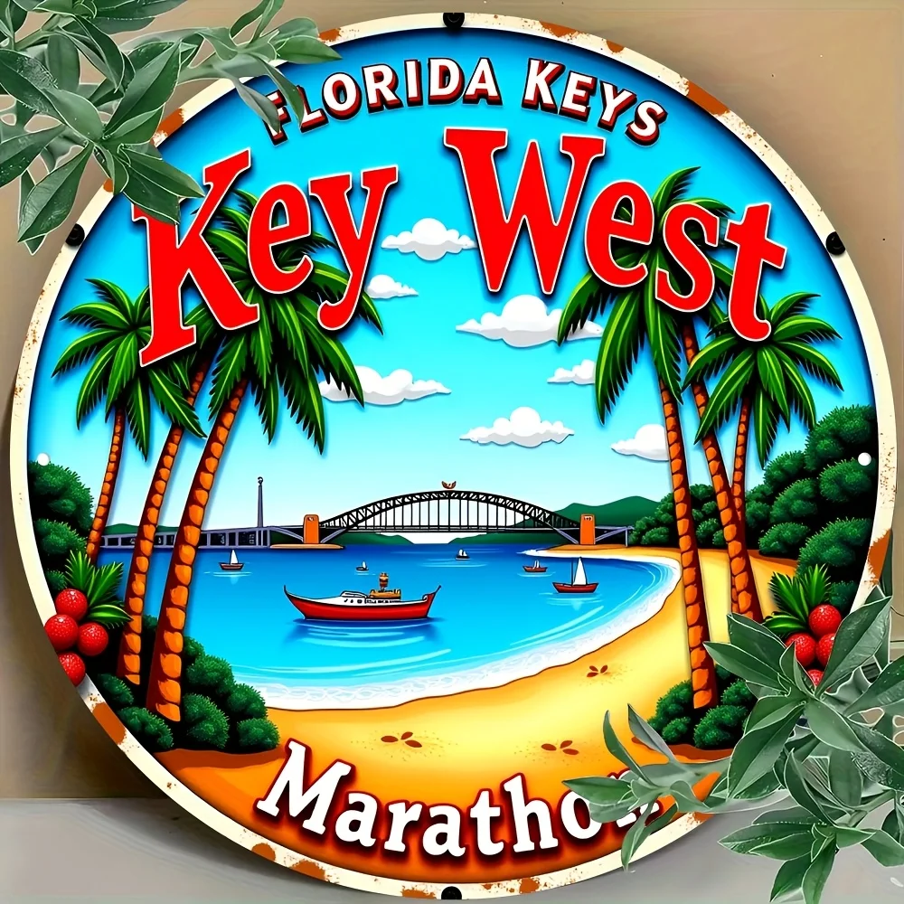 [2D-Fläche] 1 Stück rundes Holzschild im Retro-Florida-Stil, digitales vertikales Kunst-Wanddekorationsbrett