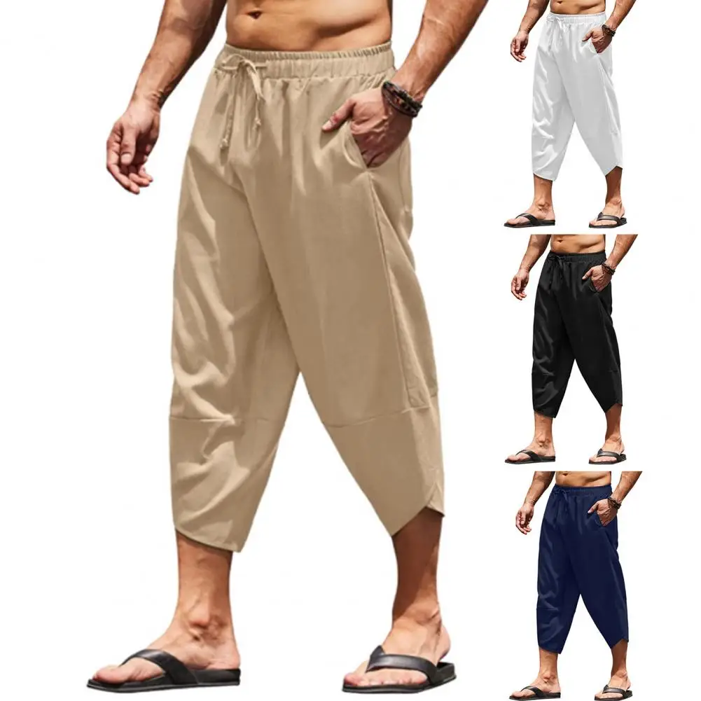 New Men Cotton Blend Pants Summer and Autumn Solid High Waist Wide-Leg Trousers Male Loose Hemp Casual Breathable Sports Pants