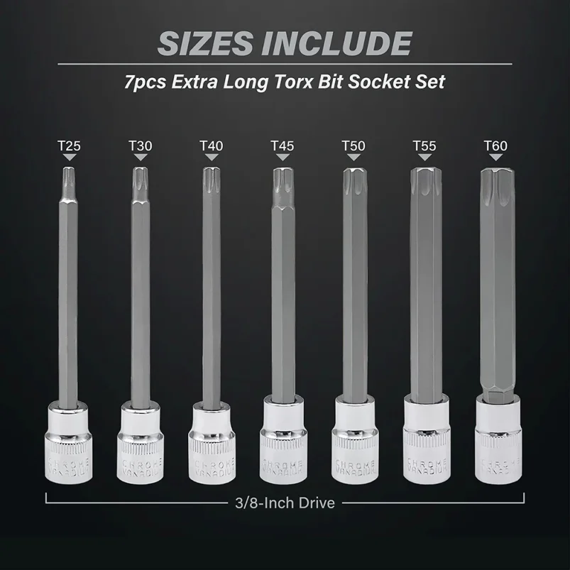 Extra Long Torx Star Bit Socket Set 7 Piece T25-T60 CR-V and S2 Material 3/8" Drive 110mm Length - view 2