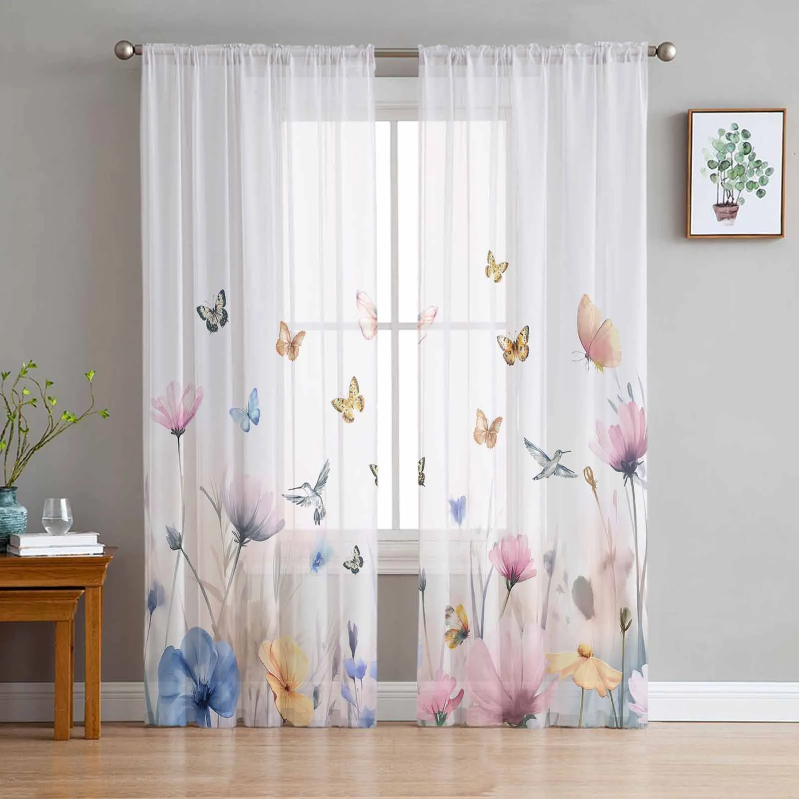 Butterfly Hummingbird Flower Watercolor Curtains For Living Room Bedroom Kitchen Decoration Window Tulle Curtain