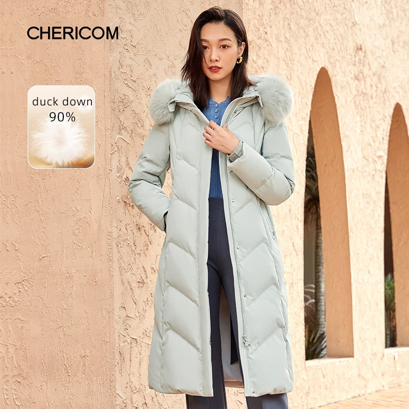 

Chericom Women's Winter Down Jacket Hooded Mid Long Fur Collar Duck Down Padded Jacket Thick Slim Commute Puffer Coats 279223