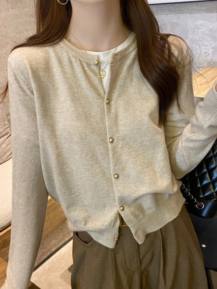 Zjaiss Thin Long Sleeve Designer Style Sweater 2026 Autumn Winter Grey Knit Women Cardigan Outerwear Early Fall Solid Tops