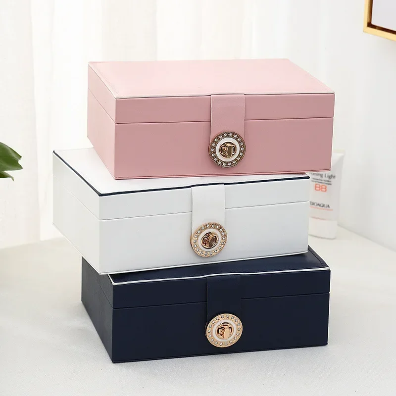 New product spot cross mirror jewelry box, leather double layer large capacity earring storage box, ring jewelry bracelet box