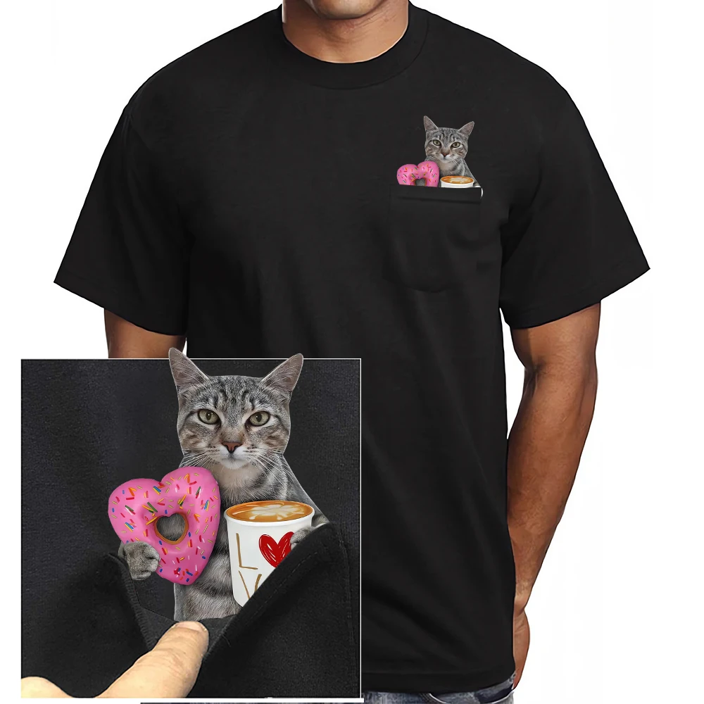 CLOOCL Tabby Cats T-Shirt Heart Shaped Donut Coffee Kitten Double Middle Fingers Pocket Cotton T-shirt Men Clothing Dropshipping