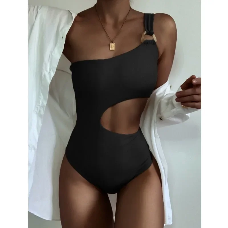 Summer Jumpsuit Women Sexy Solid Single Shoulder Strap High Waisted Swimsuit Tight Fitting Backless Swimsuit