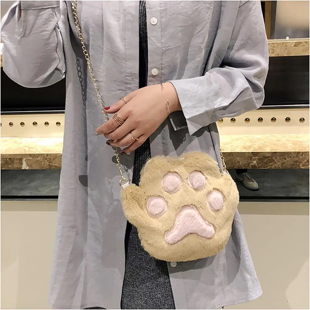 Cute Girls Plush Bear Paw Chain Bag Winter Warm Plush Crossbody Bag Fashion Animal Women Shoulder Bag