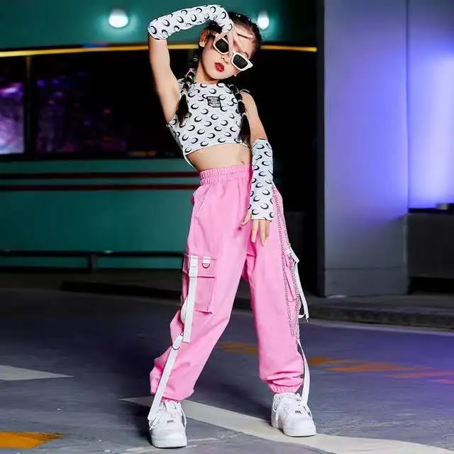 Conjuntos de ropa de baile callejero para niña, traje de k-pop, Tops cortos, pantalones Cargo, disfraz de rendimiento rosa, ropa de baile callejero