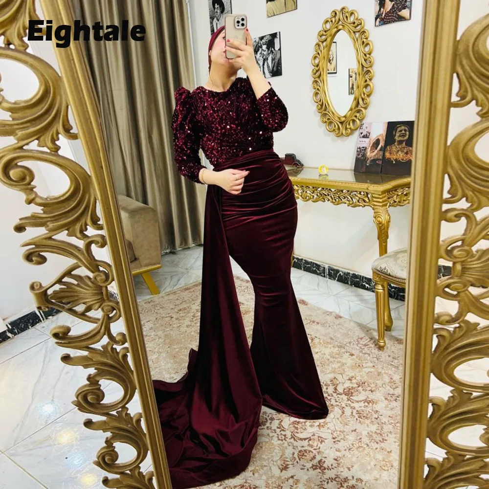 Eightale Evening Dresses Sparkly Velvet Arabic Muslim Celebrity Prom Party Dress Detachable Skirt vestidos de ocasión formales