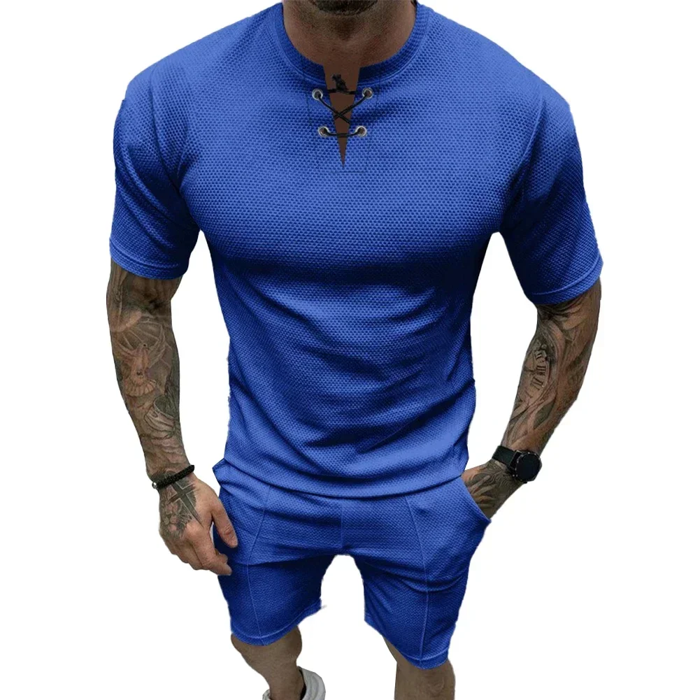 Men Tracksuit Solid Color T Shirt Shorts Set 2Pcs Casual Waffle Short Sleeve Top