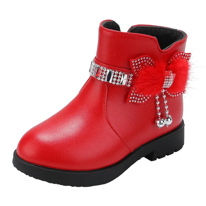 2023 Autumn Winter Girl\'s Boot Soft Leather Ankle Boots Plus Velvet Warm Kids Shoes Toddler Non-slip Cotton Boots Princess Shoes