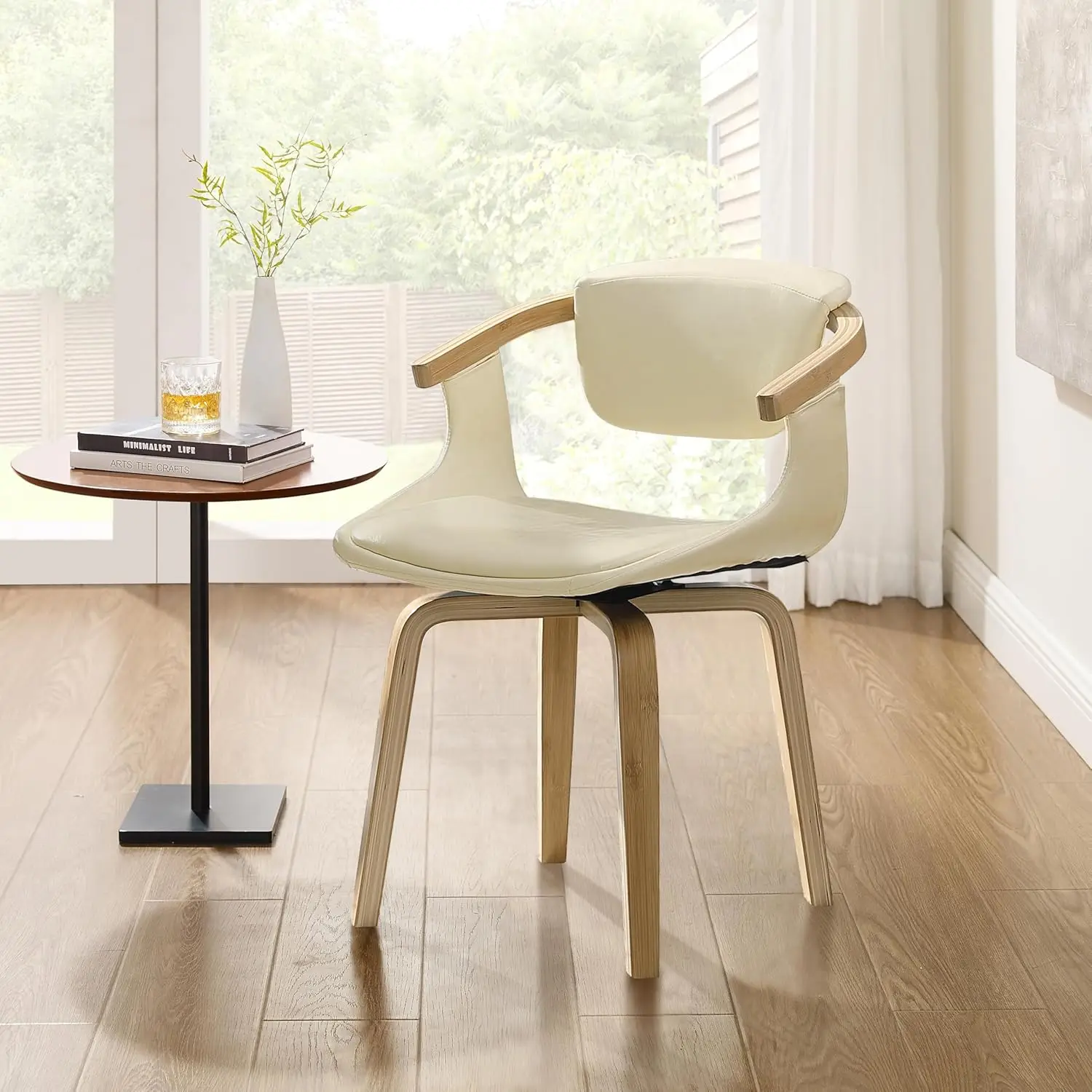 Swivel Desk Chairs No Wheels, Modern Office Chair with Wood Legs, Faux Leather Side Chair for Living Room Bedroom, Customized