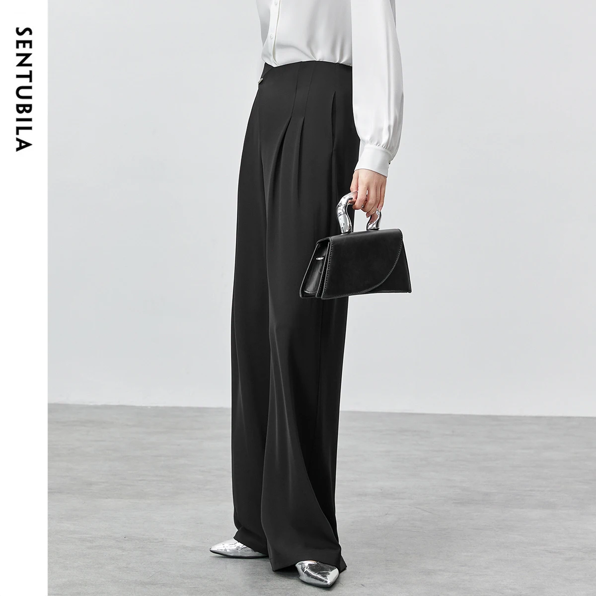 SENTUBILA Straight Full Length Pant For Women 2025 Autumn High Waist Loose Metal Button Solid Folds Long Women Trouers 143K55798