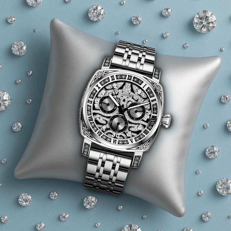 

Мужские серебряные модные стильные кварцевые часы из нержавеющей стали с изысканным рисунком и указателем