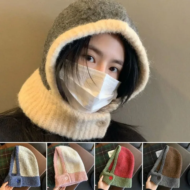 Balaclava Earflaps Scarf Hat Pilling Resistant Autumn Headgear Knitted Hat Windproof Ear Protection Bomber Cap Women Lady