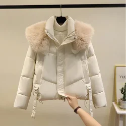 Large Fur Collar Zipper Parkas Women Winter Slim Short Padded Jacket Pocket Long Sleeved Coat Streetwear 2024 New Outerwear