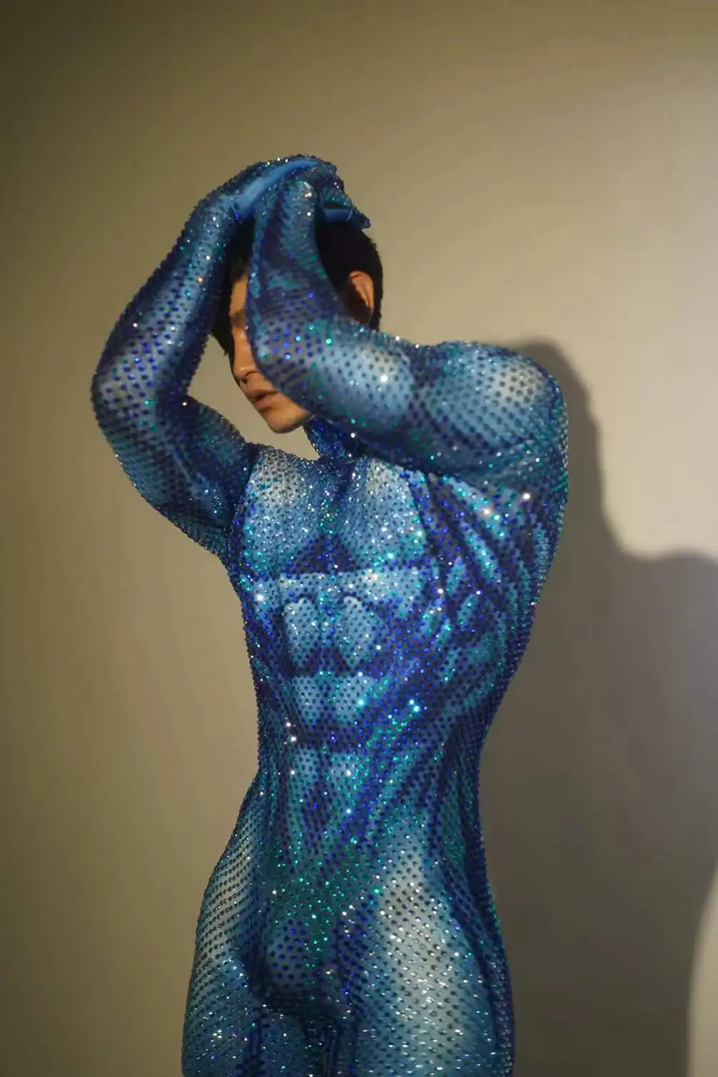 Blue Full Rhinestone Luxury Jumpsuits For Men Carnival Mardi Gras Photo Shoot Props With Gloves Hot Drilling Las Vegas Show 2024