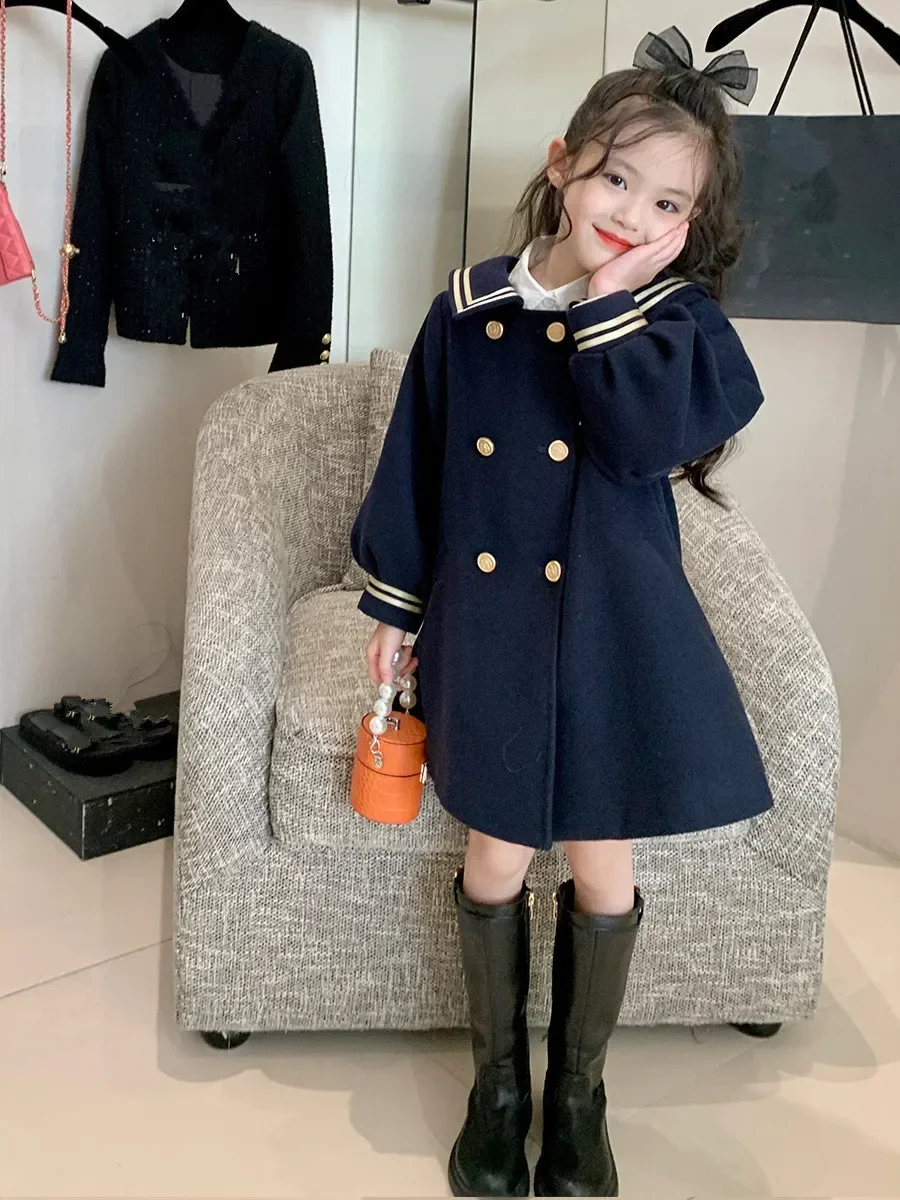 Girls Mid-length Coat 2024 Spring Autumn Navy Style Coat Little Girls Toddler Fashion Double Breasted Clothing