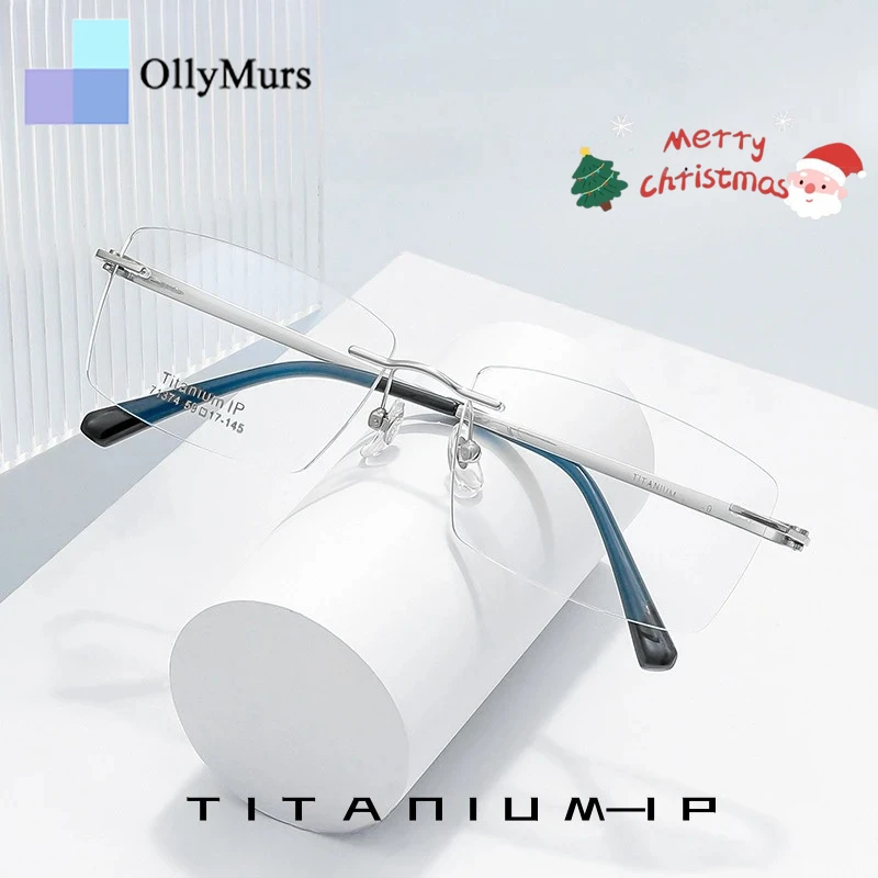 

OLLYMURS квадратные очки без оправы из чистого титана, мужские сверхлегкие оптические очки с большим лицом, деловая оправа для очков