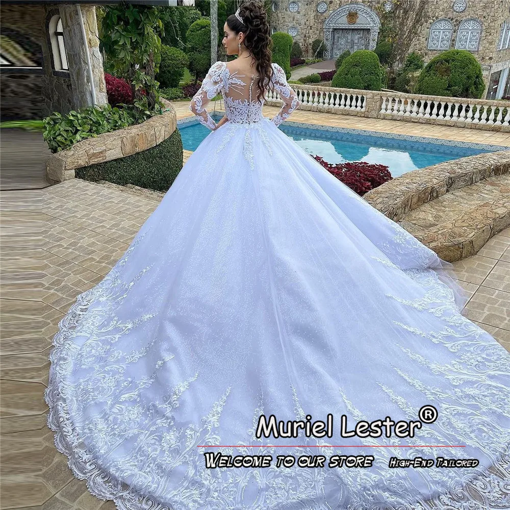 Luxury Lace Appliques Wedding Dresses For Bride Illusion Long Sleeves O Neck Princess Bridal Gowns Customized Women Party Attire