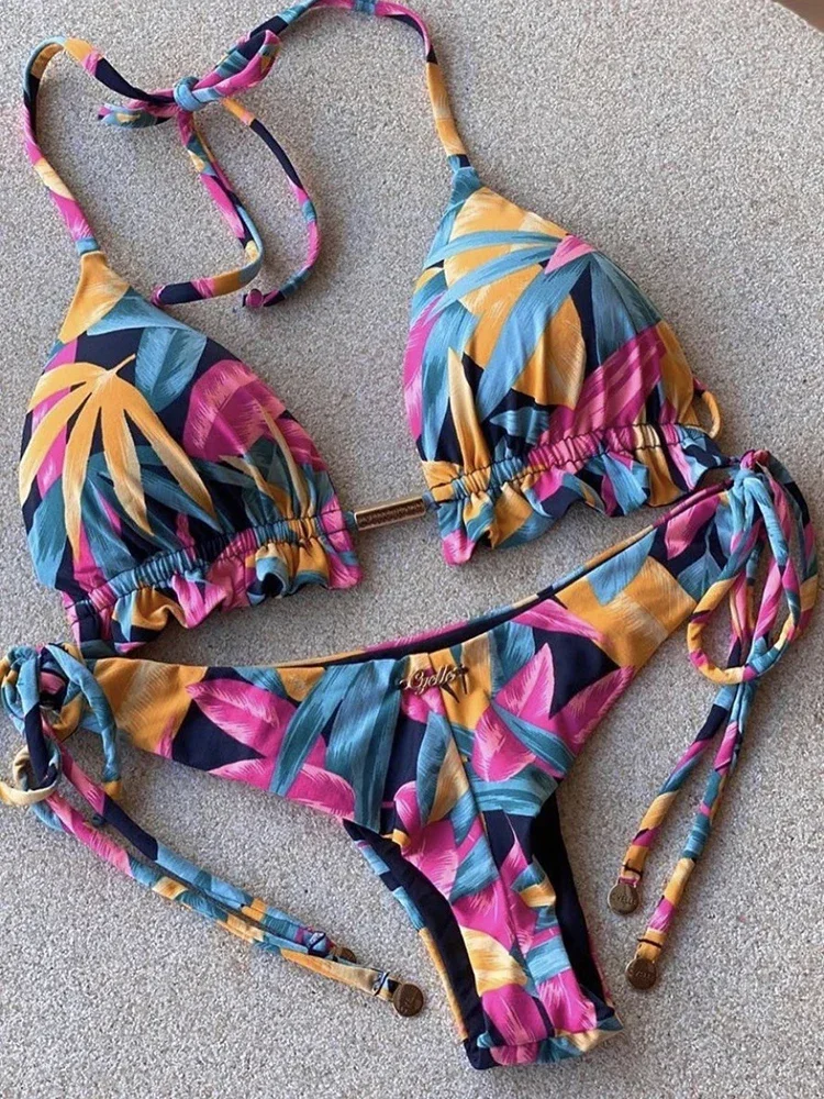 OIINAA-traje de baño para mujer, conjunto de Bikini estampado Sexy, traje de baño con cordón, Tanga de dos piezas con cordones, Bikinis femeninos 2024