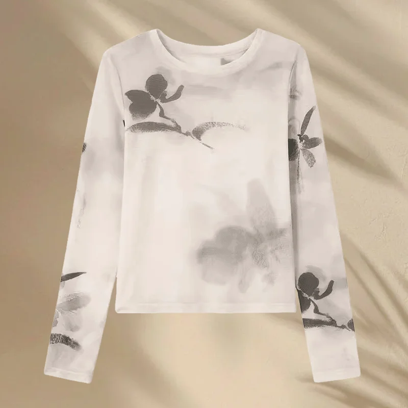 우아한 잉크 페인팅 인쇄 중국 스타일 태양 보호베이스 레이어 티셔츠 여성용 다목적 슬리밍 루즈핏