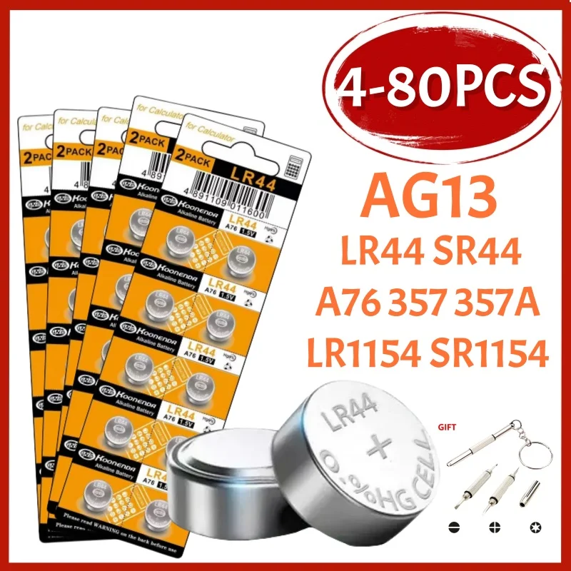 4-80PCS LR44 AG13 Button Cell Battery 1.5V 357 SR44 LR1154 Button Coin RW82 SR1154 SP76 Batteries for Watch Toys Remote