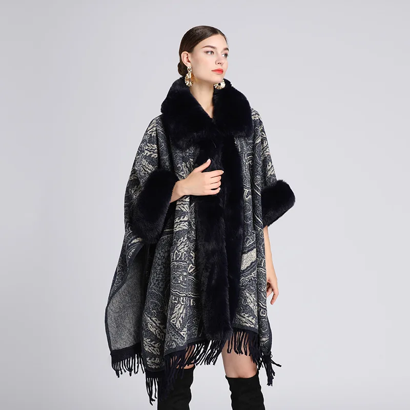 5 Colors Oversize Printed Women Capes Big Faux Fur Collar Batwing Sleeves Poncho Cloak Loose Long Streetwear Tassel Topcoat