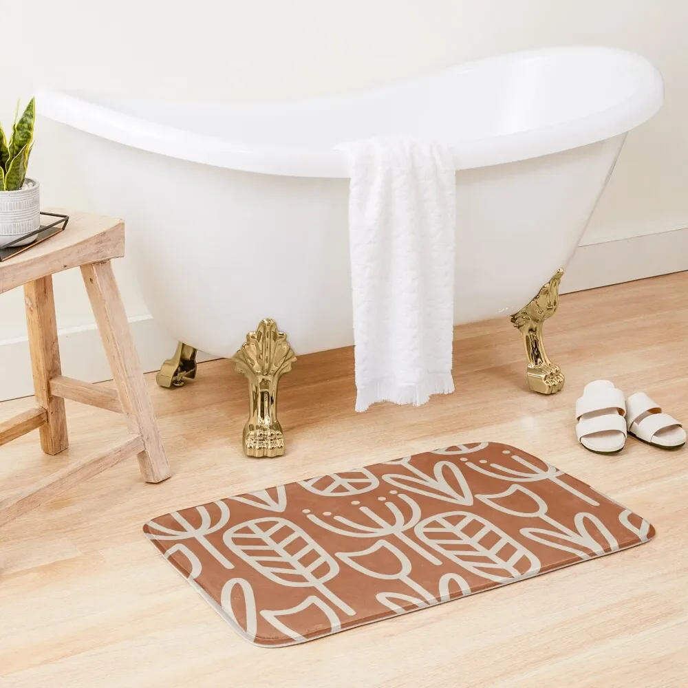

Cheerful Garden Minimalist Botanical Pattern in Putty and Clay Rust Terracotta Bath Mat Carpet Rug Bathroom Foot Mat