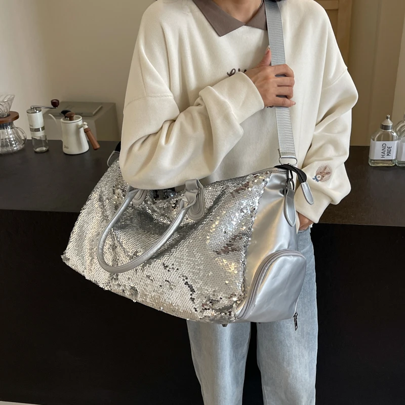 Large Capacity Travel Bag Luxury Silver Sequined Handbag For Women Fashion Dry Wet Sports Shoulder Crossbody Bag Storage Tote