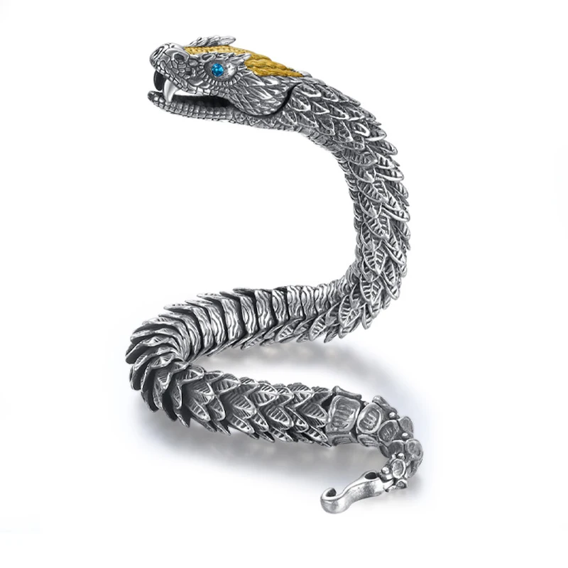 

S925 sterling silver woven snake bracelet for men with a sense of luxury, personality, Medusa rattlesnake, hip-hop dominance