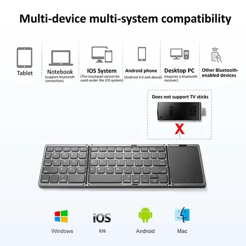 Imagen 2 del producto Teclado 3 plegables Mini teclado inalámbrico teclado Bluetooth doble plegable con panel táctil para teléfono Windows Android IOS iPad