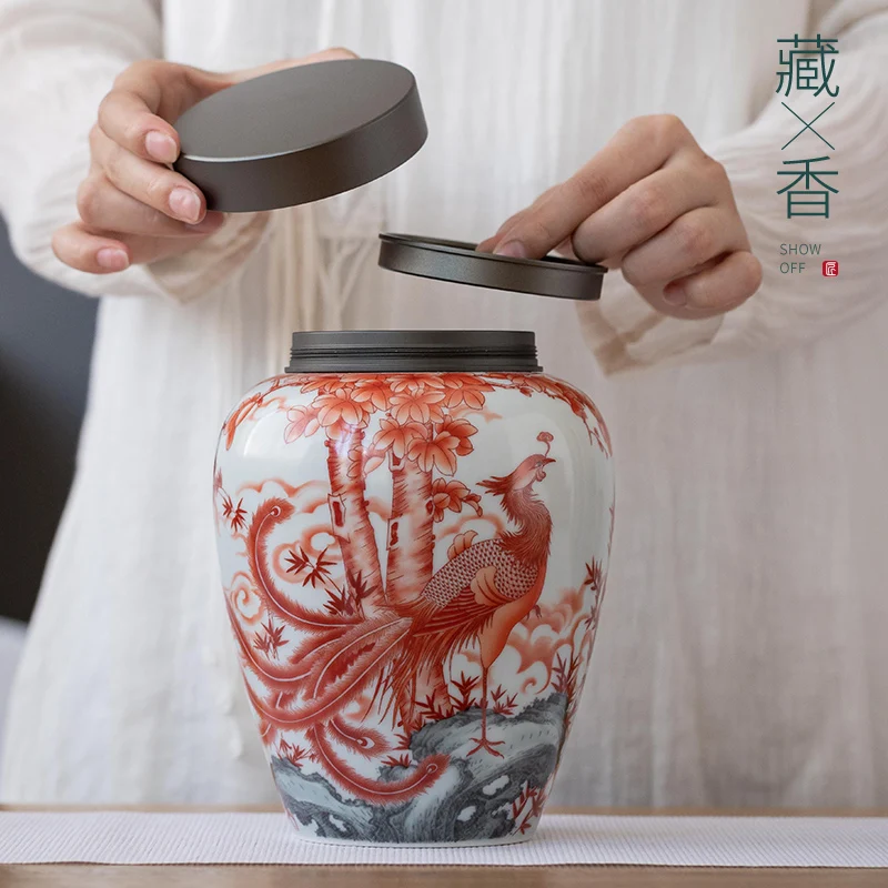 Alloy Sealed Ceramic Jar Red Phoenix Pattern Porcelain Large Capacity Coffee Bean Tea Storage Box Crafts Gift