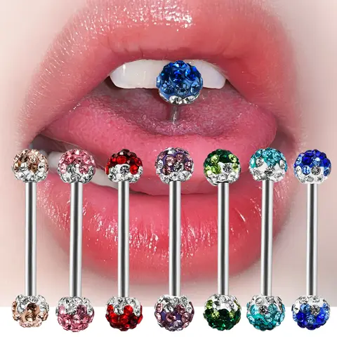 1-5PCS Sexy Inlaid Full Rhinestones Ball Tongue Barbell Stud Surgical Steel 14G Tongue/Nipple Ring Piercing Body Jewelry