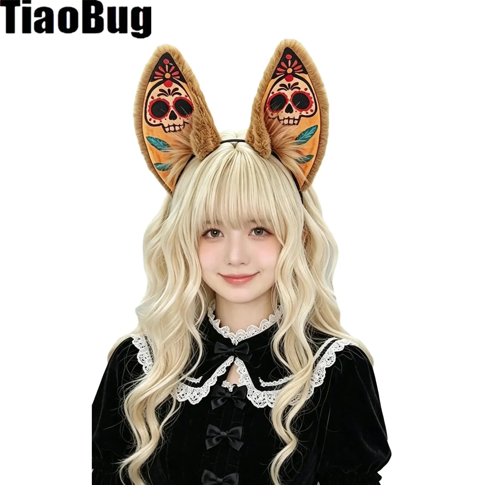 Adults Women Men Headwear Faux Fur Trim Hair Hoop Skull Printed Fox Ears Headband Headwear for Cosplay Halloween Theme Party